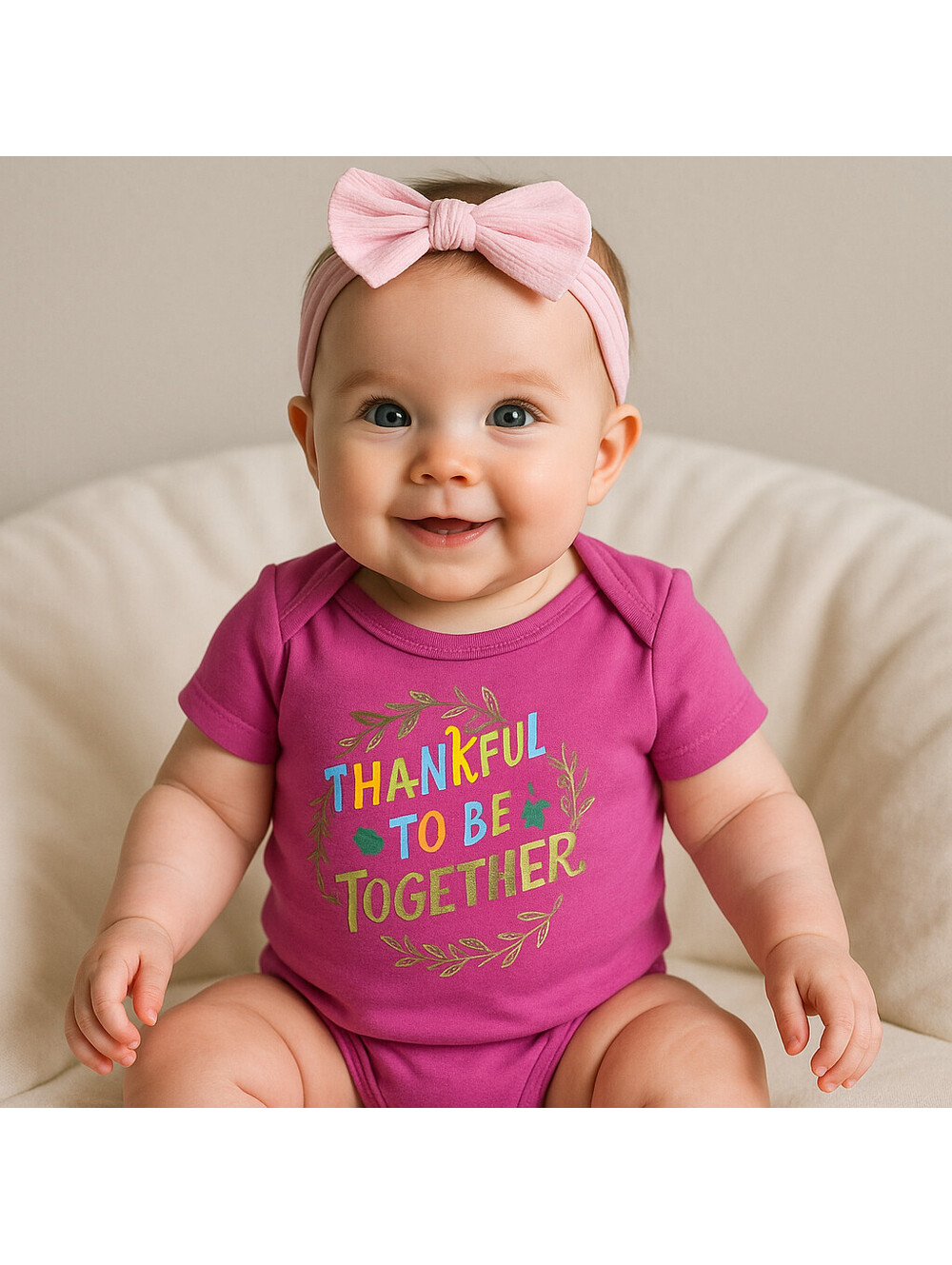 dot & ZAZZ Girls "Thankful To Be Together" Pink One Piece Thanksgiving 9-12 Mths